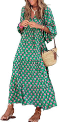 Womens Loose Fit Bohemian V Neck Maxi Dress - Ankle Length Comfort