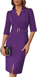 Women's V Neck Bodycon Sheath Work Dress with Belt - Midi Fit