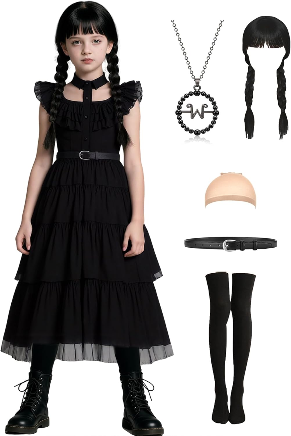 Kids Girls Black Dress Halloween Costume with Wig and Accessories