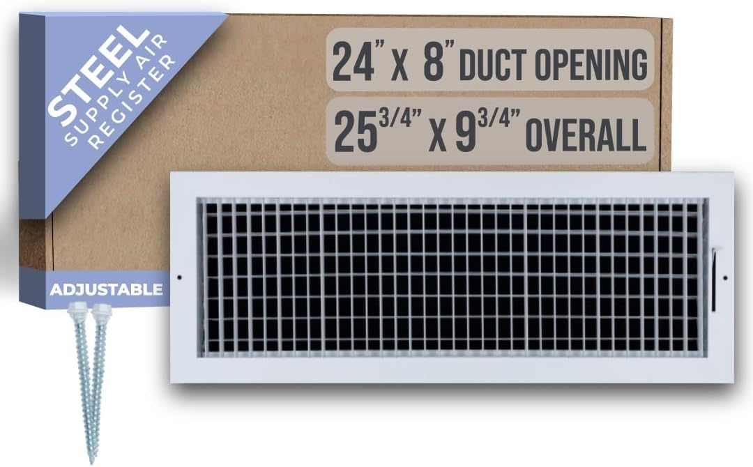 Adjustable Air Supply Grille for 24x8 Duct Opening - White