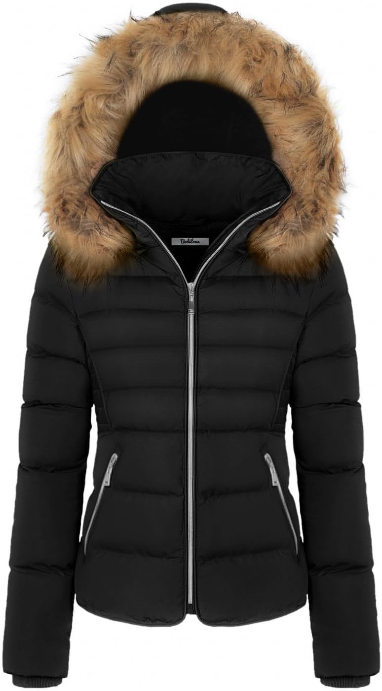 BodiLove Women's Thickened Fur Hooded Jacket for Winter Warmth