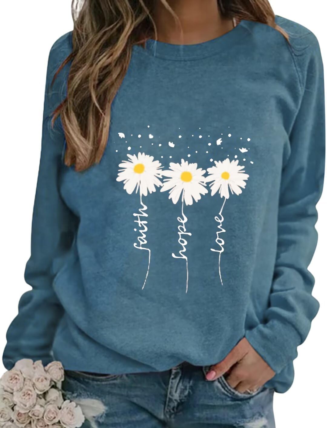 EADINVE Daisy Print Crewneck Sweatshirt - Faith-Hope-Love Graphic