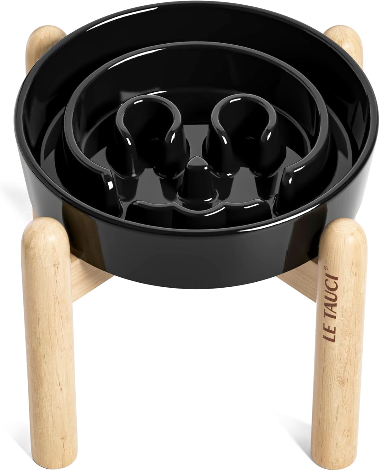 LE TAUCI Ceramic Slow Feeder Dog Bowl with Wooden Stand