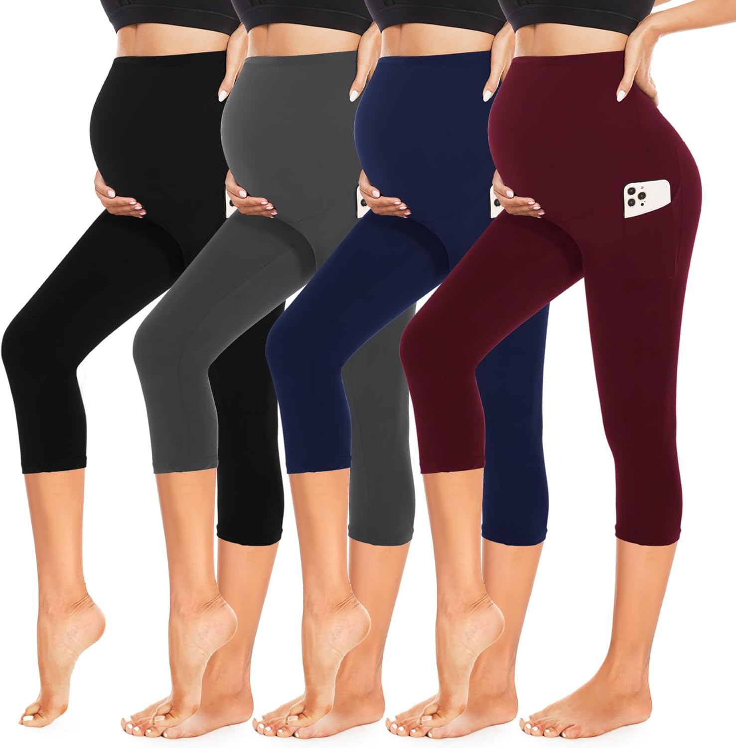 4 Pack Womens Maternity Leggings with Pockets for Comfort