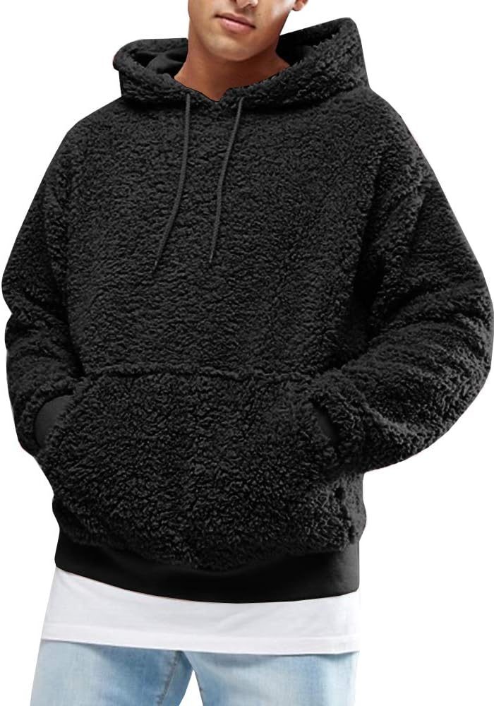 Runcati Mens Fuzzy Sherpa Pullover Hoodie for Winter Comfort