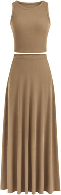 Women's 2 Piece Maxi Skirt Set - Ribbed Knit Crop Top and High Waist