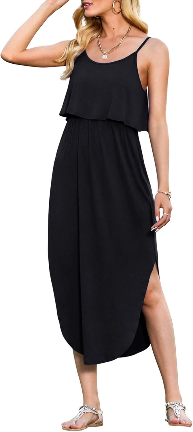 LILBETTER Women's Adjustable Strappy Split Summer Midi Dress