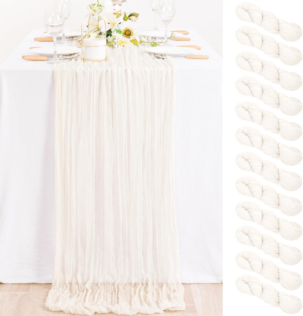 MLMC 12 Pack Ivory White Cheesecloth Table Runner for Events