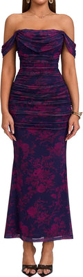KUTUMAI Off The Shoulder Maxi Long Dress Corset Ruched Bodycon out