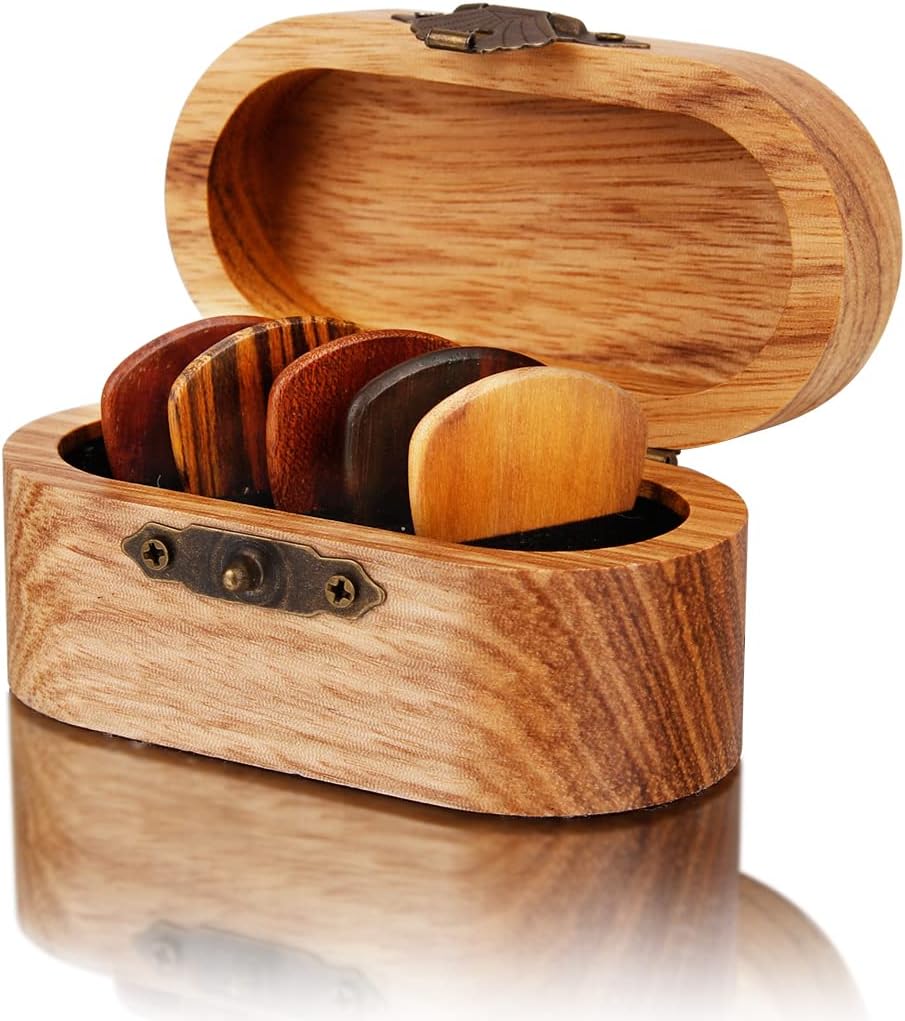 5 Natural Wood Guitar Picks Set with Display Box - Non-Slip & Durable