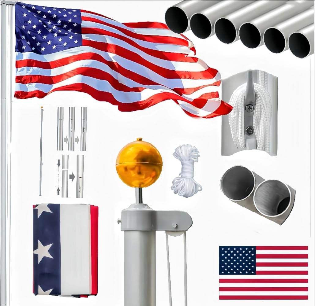 VINGLI 25FT Sectional Aluminum Flagpole with USA Flag Kit