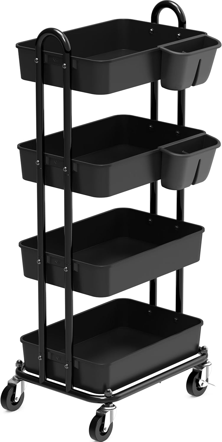 4-Tier Multifunctional Rolling Utility Cart with Hanging Buckets