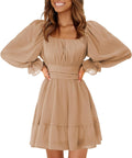 EXLURA Womens 2025 Lantern Sleeve Square Neck Mini Dress - Flowy Fit