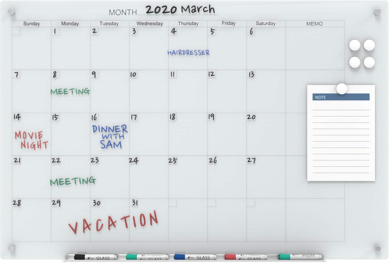 Magnetic White Calendar Glass Dry-Erase Board Set - 4ft x 3ft