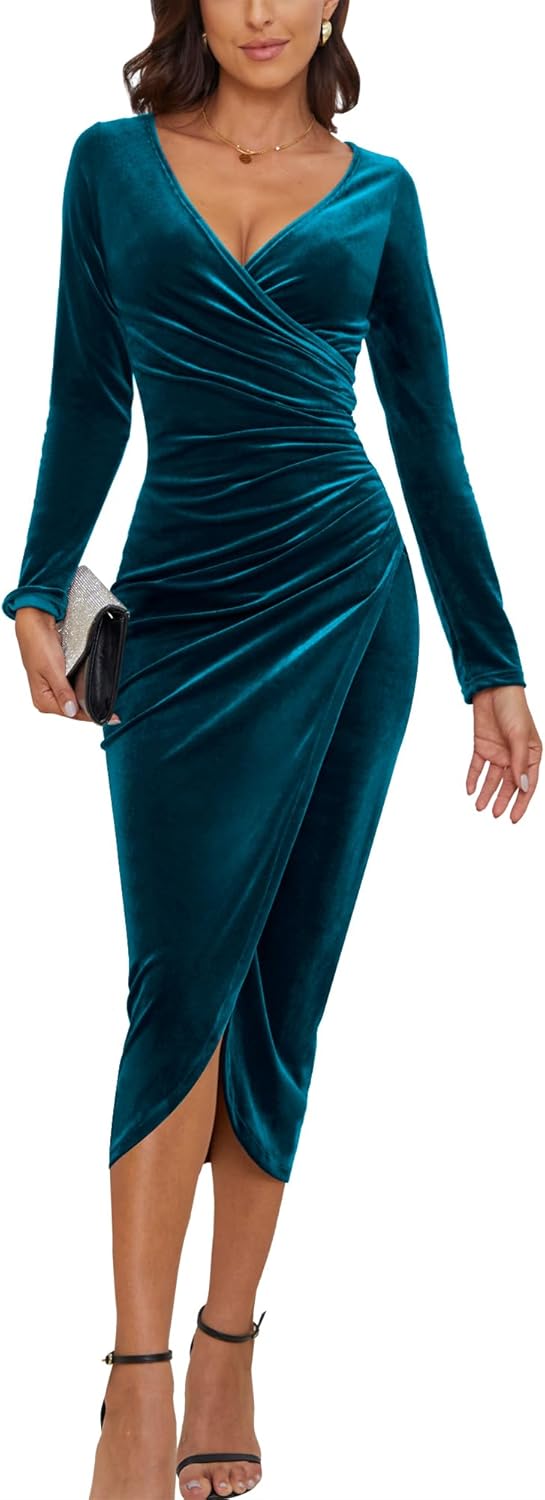 Elegant Bodycon Ruched Velvet Maxi Dress for Women
