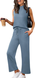 Women's Summer Two Piece Lounge Set - Mock Neck Tank & Wide Leg Pants