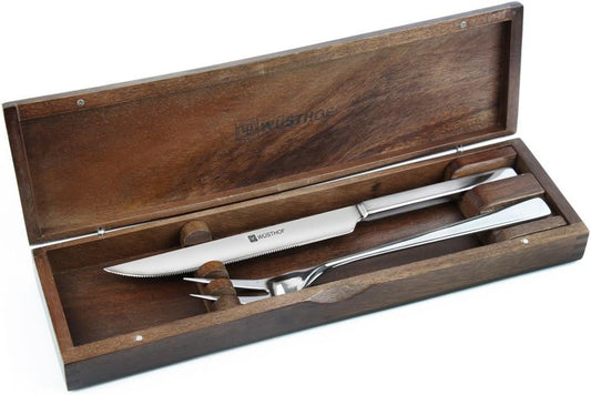 Stainless Steel Carving Knife and Fork Set in Walnut Box