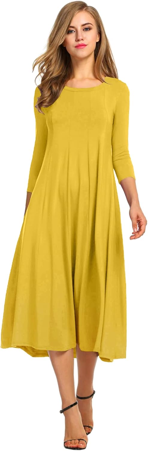 HOTOUCH Women's 3/4 Sleeve A-line Midi Long Dress for Elegance