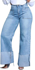 Wide Leg Cuff Jeans for Women High Waisted Baggy Stretch Fit