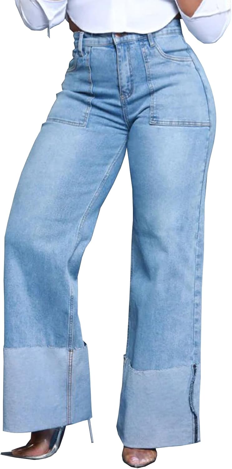 Women's Wide Leg Straight Jeans High Waisted Baggy Stretch Fit