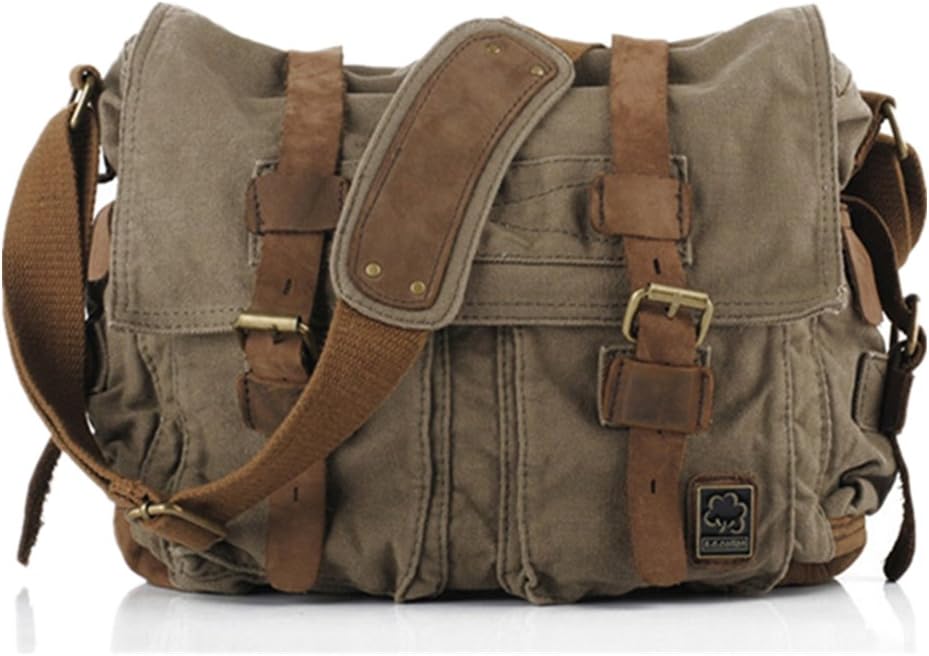 Sechunk Vintage Military Leather Canvas Laptop Bag for Travel