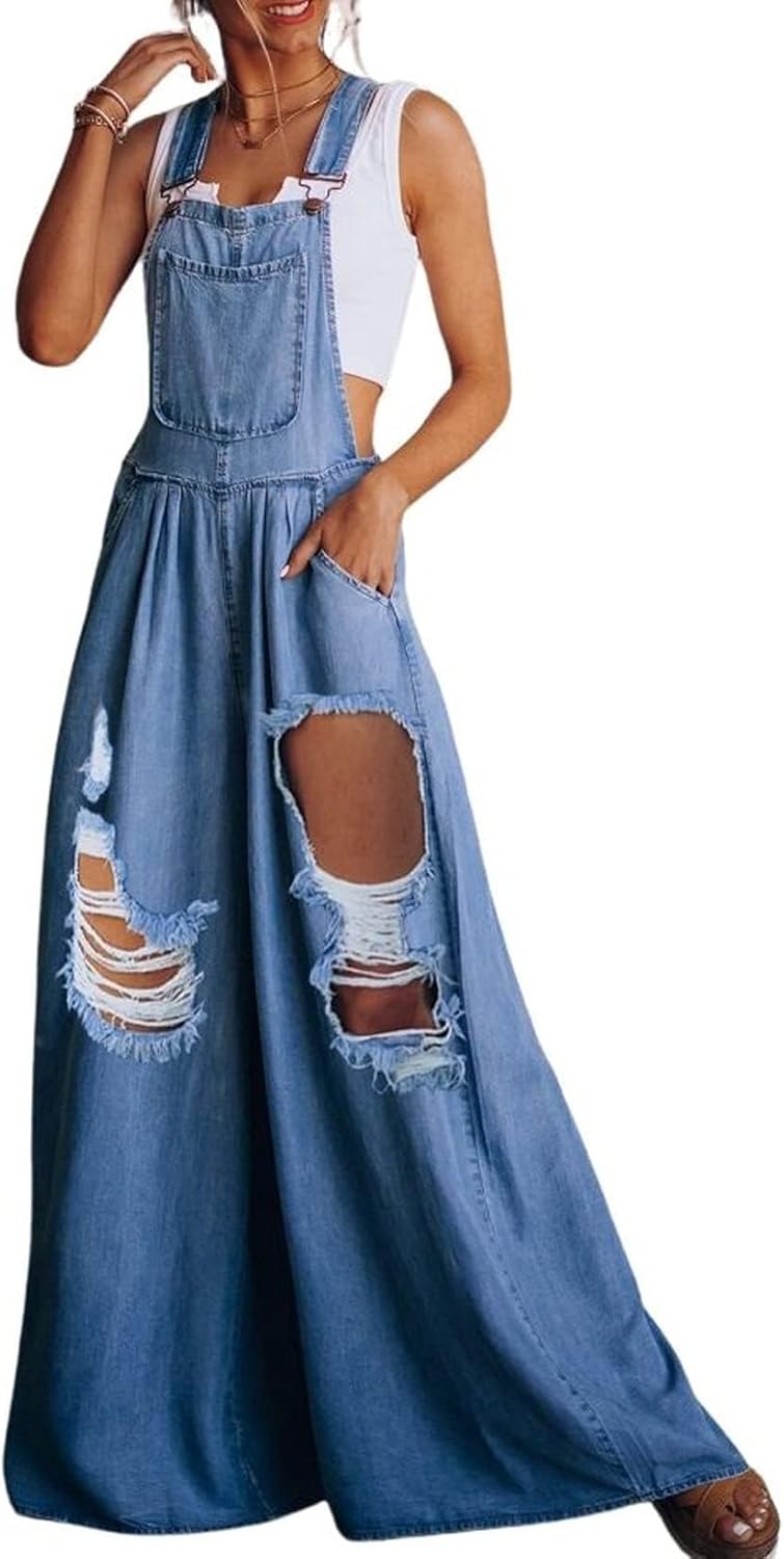 Chouyatou Women's Loose Adjustable Strap Wide Leg Denim Overalls