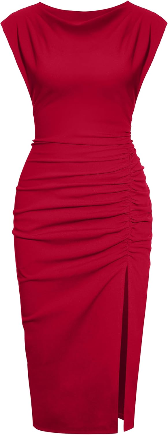 IHOT 2025 Women's Mock Neck Side Slit Ruched Bodycon Dress