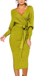 CHERFLY V Neck Sweater Dress with Belt - Flattering Knit Bodycon