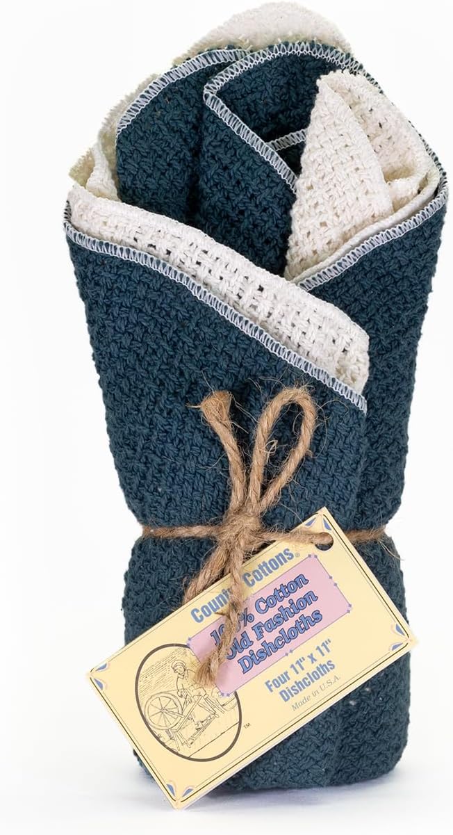 Country Cottons 100% Cotton Dishcloths Set - Absorbent & Durable - 4 Mixed Colors - 11 x 11