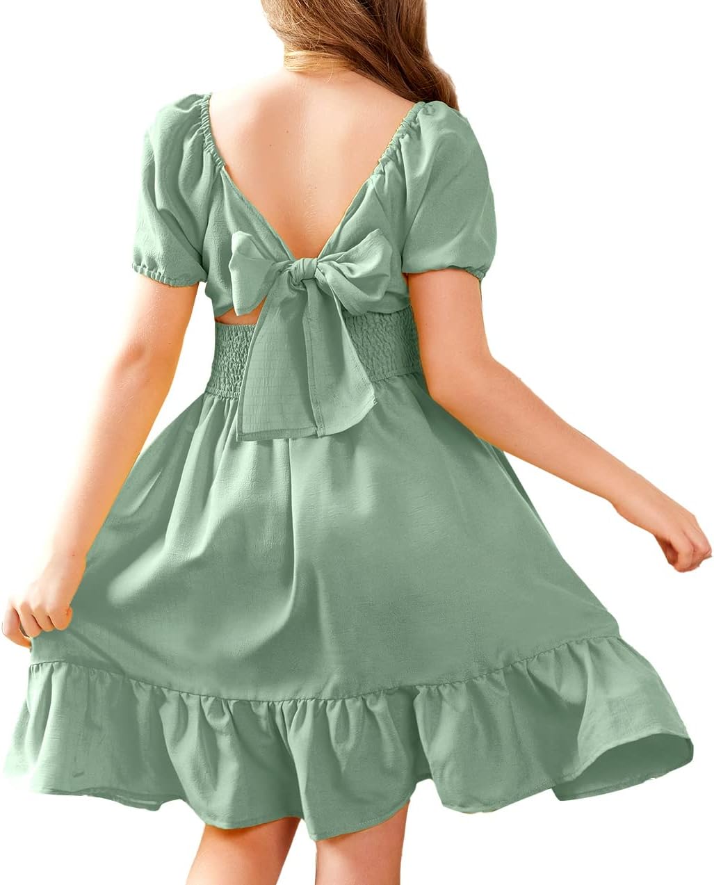 Arshiner Girls Tie Back Ruffle Hem Off Shoulder Dress 4-12 Years