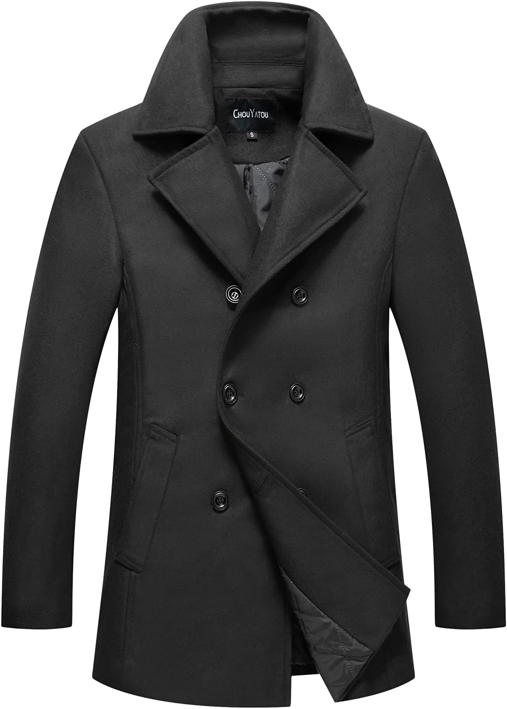 Chouyatou Men's Classic Notched Collar Double Breasted Pea Coat