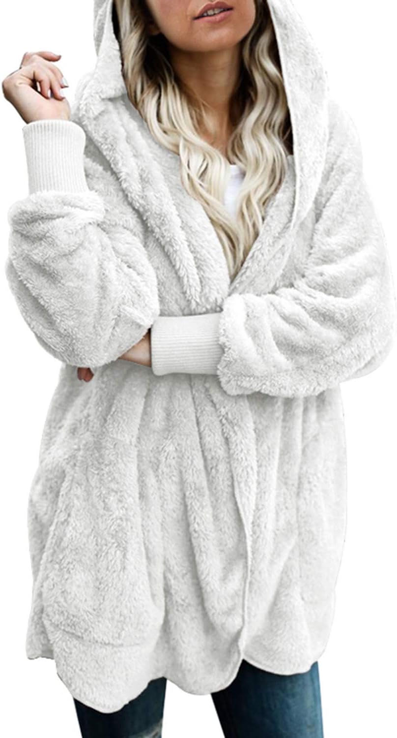 Dokotoo Womens Fuzzy Fleece Open Front Hooded Cardigan Jacket