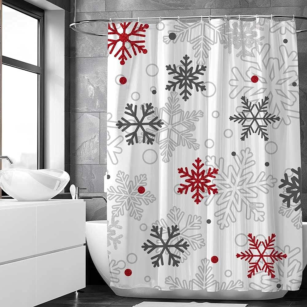 Red Christmas Snowflakes Shower Curtain Set - Waterproof & Glittery - SHENGJUN