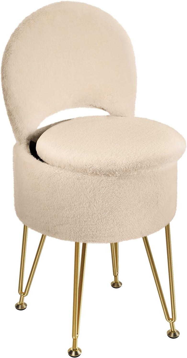 Faux Fur Vanity Stool Chair with Storage and Folding Backrest