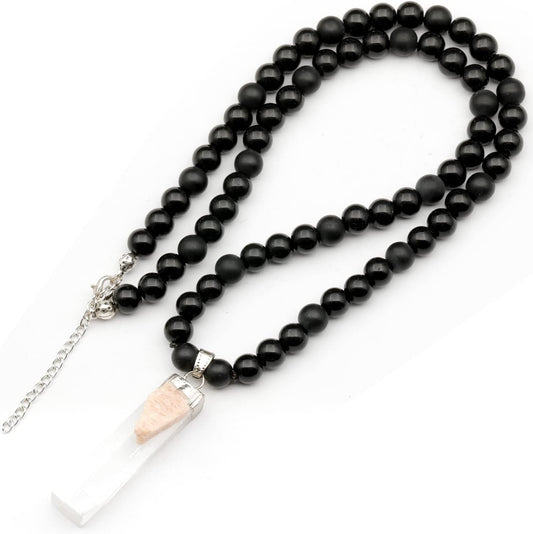 Natural Raw Tourmaline Pendant with Black Onyx Beaded Necklace