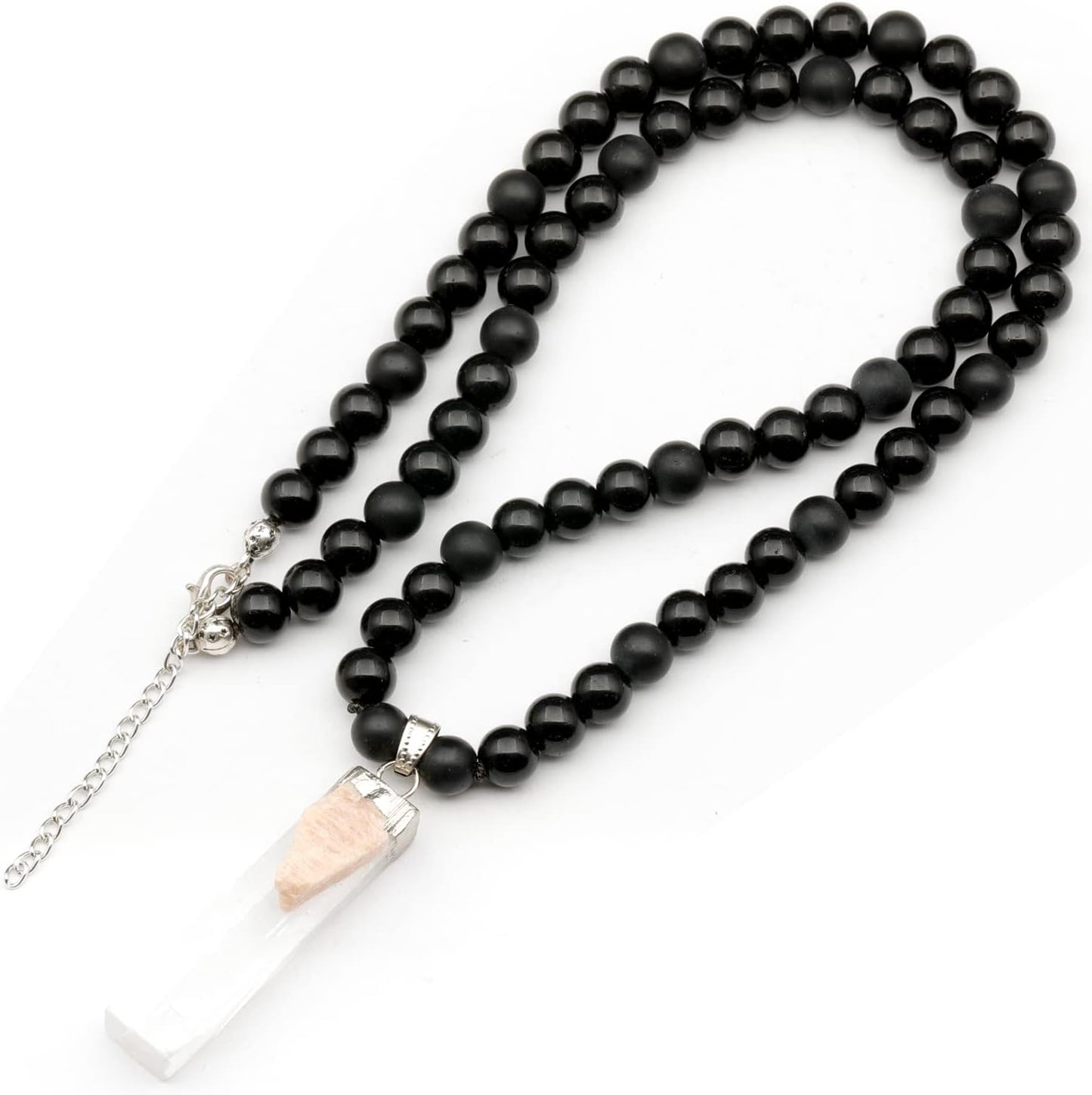 Natural Raw Tourmaline Pendant with Black Onyx Beaded Necklace