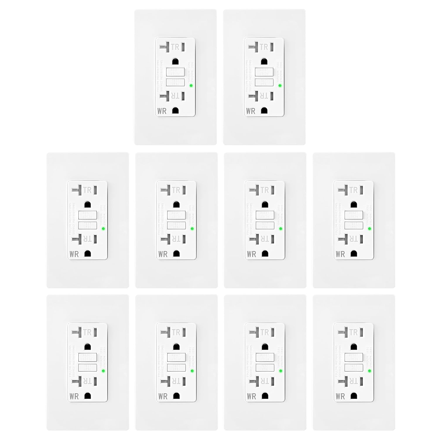 10 Pack GFCI Outlet 20 Amp Self-Test with LED Indicator