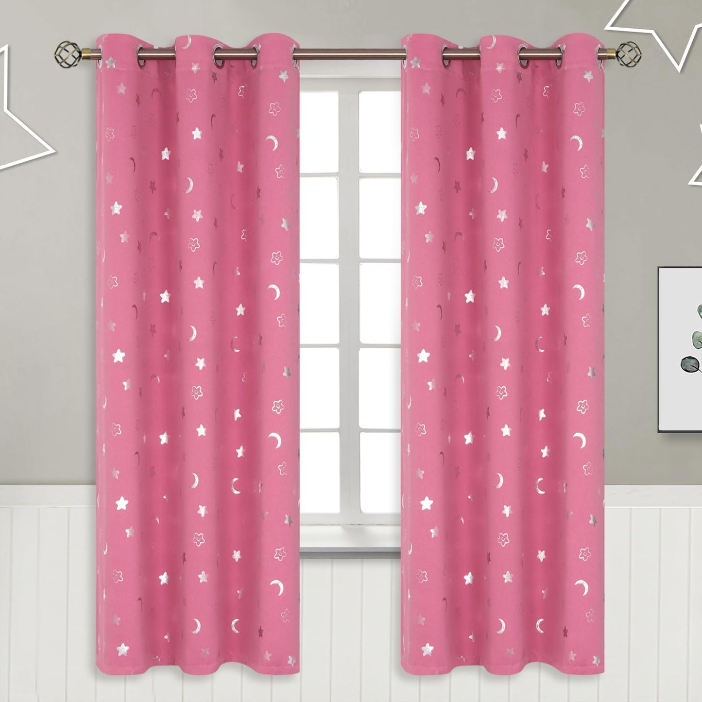 BGment Pink Curtains for Girls Bedroom with Star and Moon Design