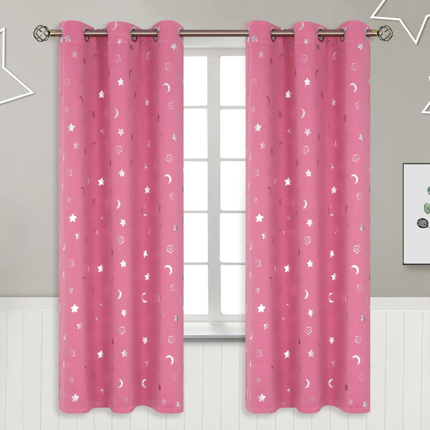 BGment Pink Curtains for Girls Bedroom with Star and Moon Design