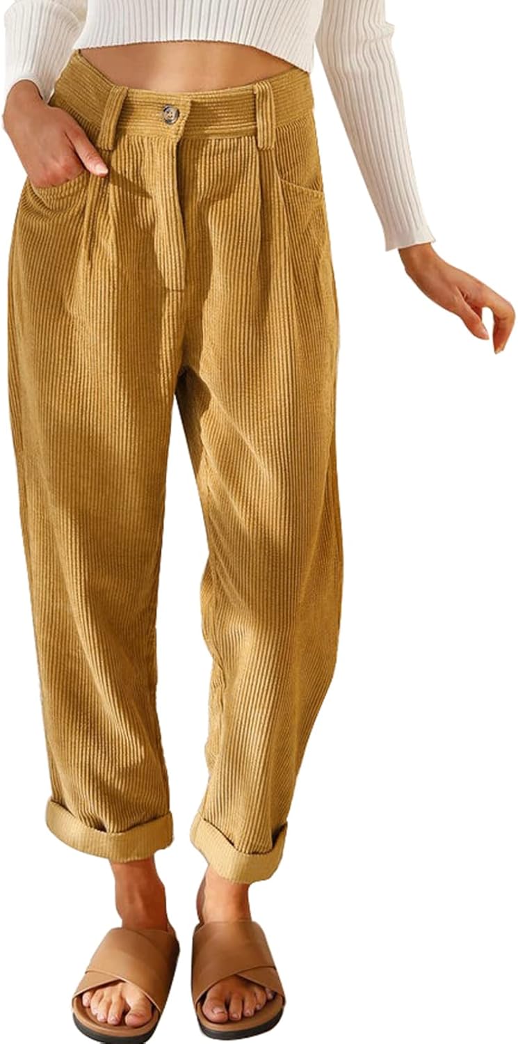 Acelitt Womens Elastic Waist Corduroy Pants with Pockets
