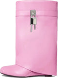Fold Over Wedge Boots Heeled PadLock Knee High Boots - Sleek Wedge