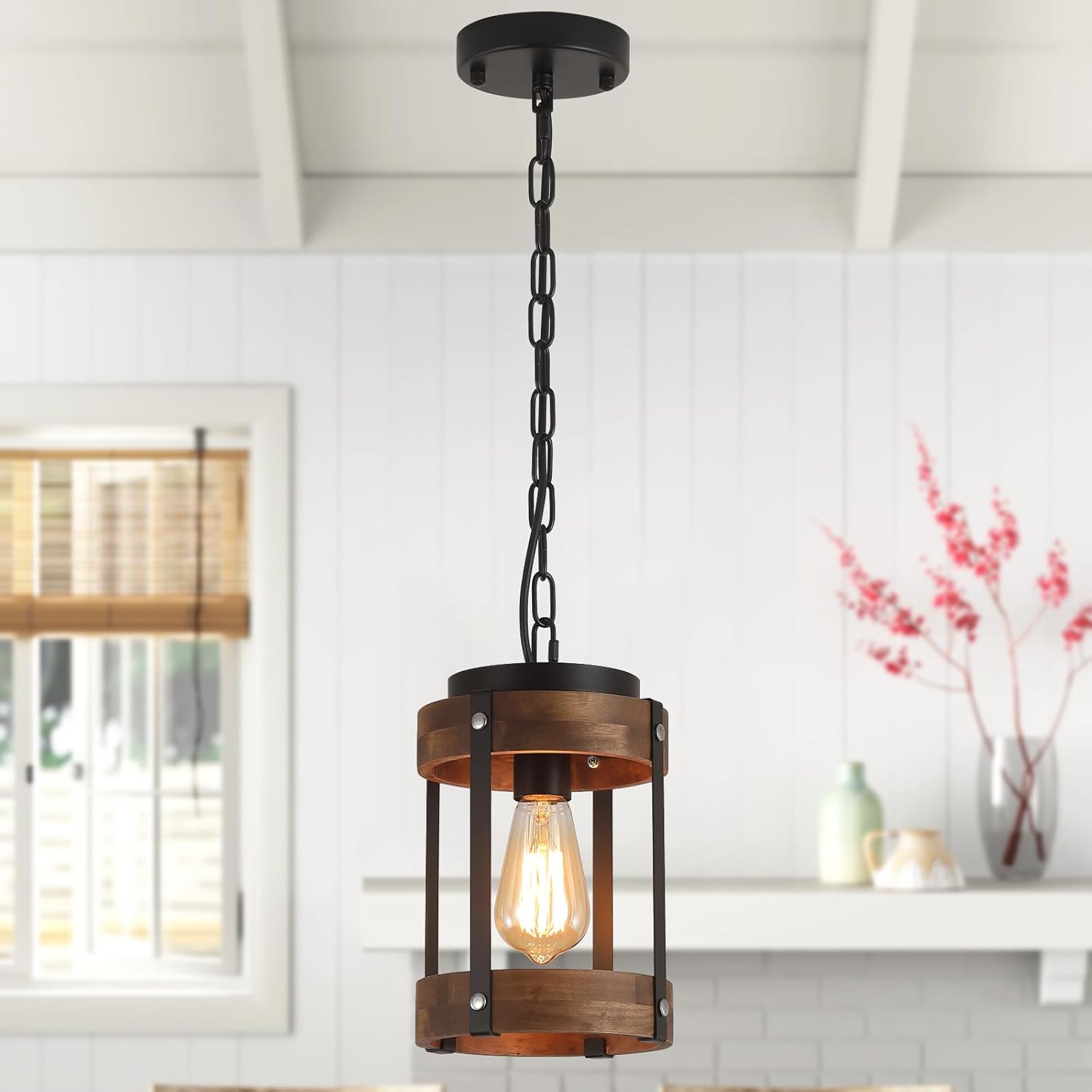Rustic Farmhouse Wood Pendant Light Fixture for Kitchen Island