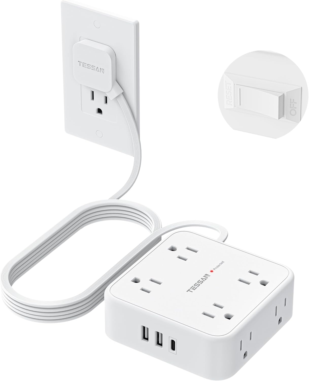 TESSAN 10 Ft Flat Plug Extension Cord with USB Ports and Outlets