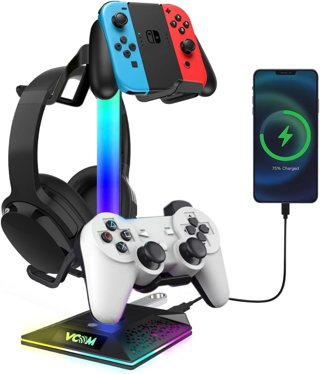 V VCOM RGB Headset Stand - 10 Light Modes, 2 USB, Non-Slip