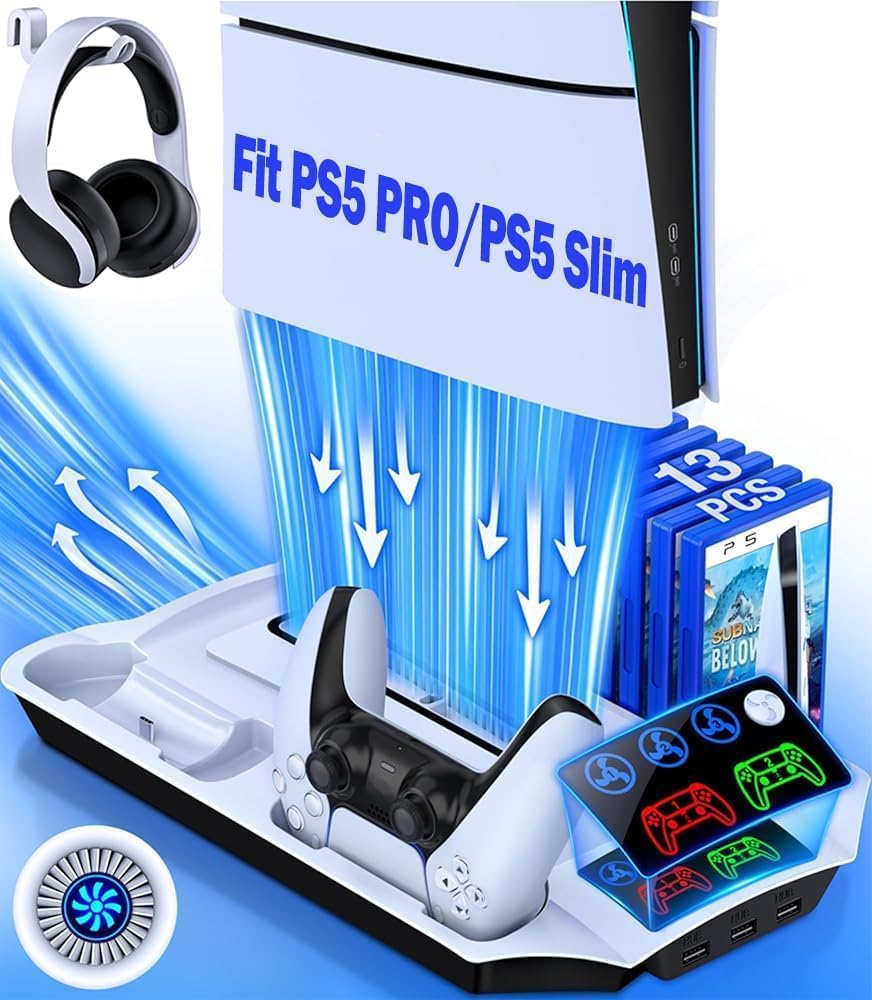 PS5 Slim Stand with Turbo Cooling Fan and Controller Charger