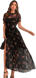 GothDark Women's Mesh Floral Maxi Dress - Romantic High Slit
