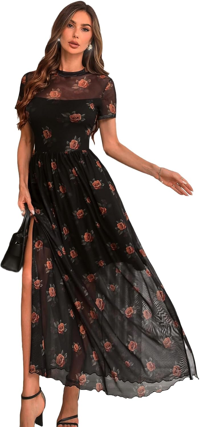 GothDark Women's Floral Print Mesh Dress for Summer Events