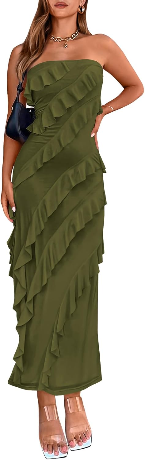 Elegant Strapless Midi Ruched Bodycon Dress for Women