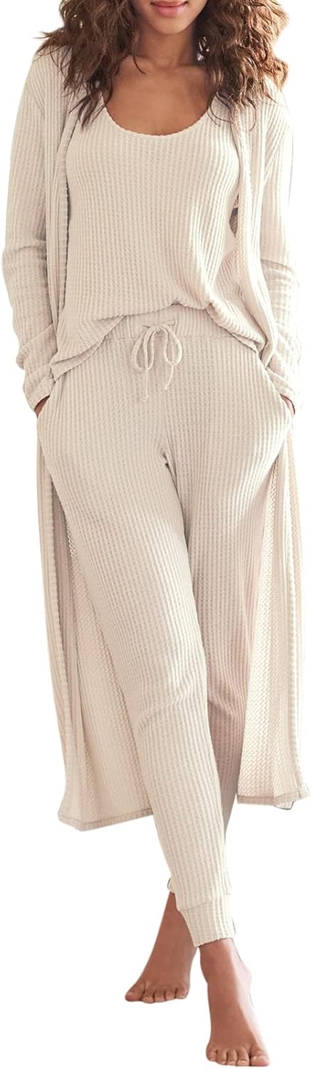 Eurivicy Womens Lounge Set Waffle Knit 3 Piece Pajama Set