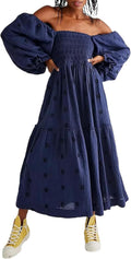 Women Floral Embroidered Maxi Dress Long Puff Sleeve Square Neck flowy